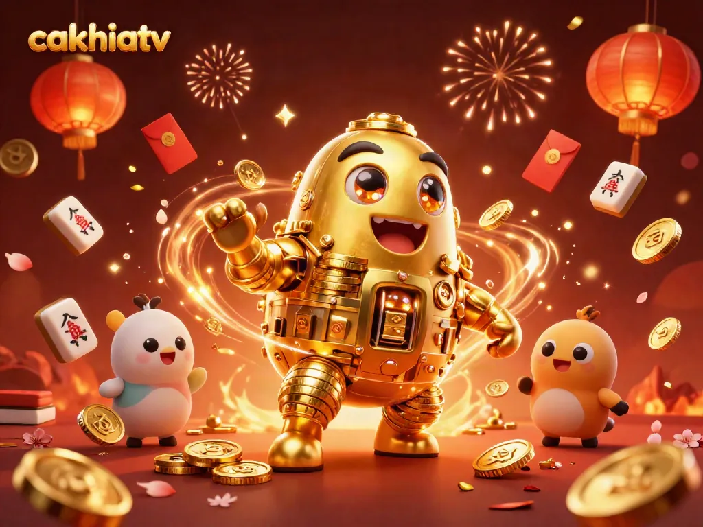 Experience the excitement of cakhiatv with a vibrant 3D scene featuring a golden golem and dynamic casino elements.