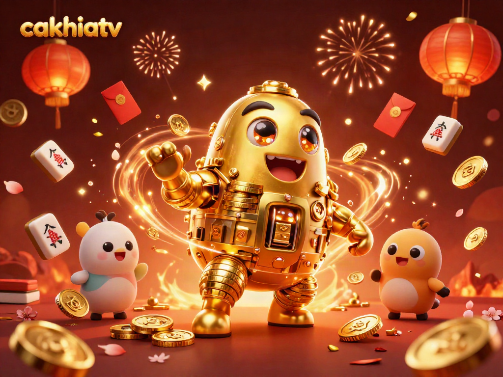 Experience the excitement of cakhiatv with a vibrant 3D scene featuring a golden golem and dynamic casino elements.