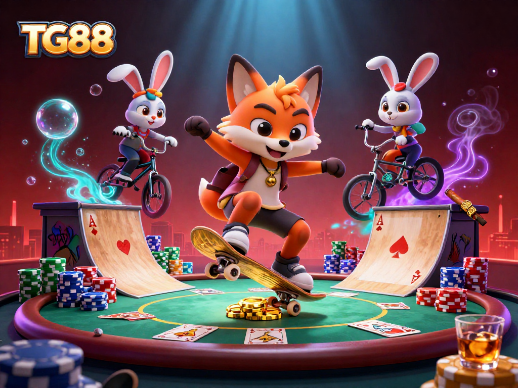 Experience excitement with TG88 as the fox skateboards over golden poker chips in an energetic casino scene.
