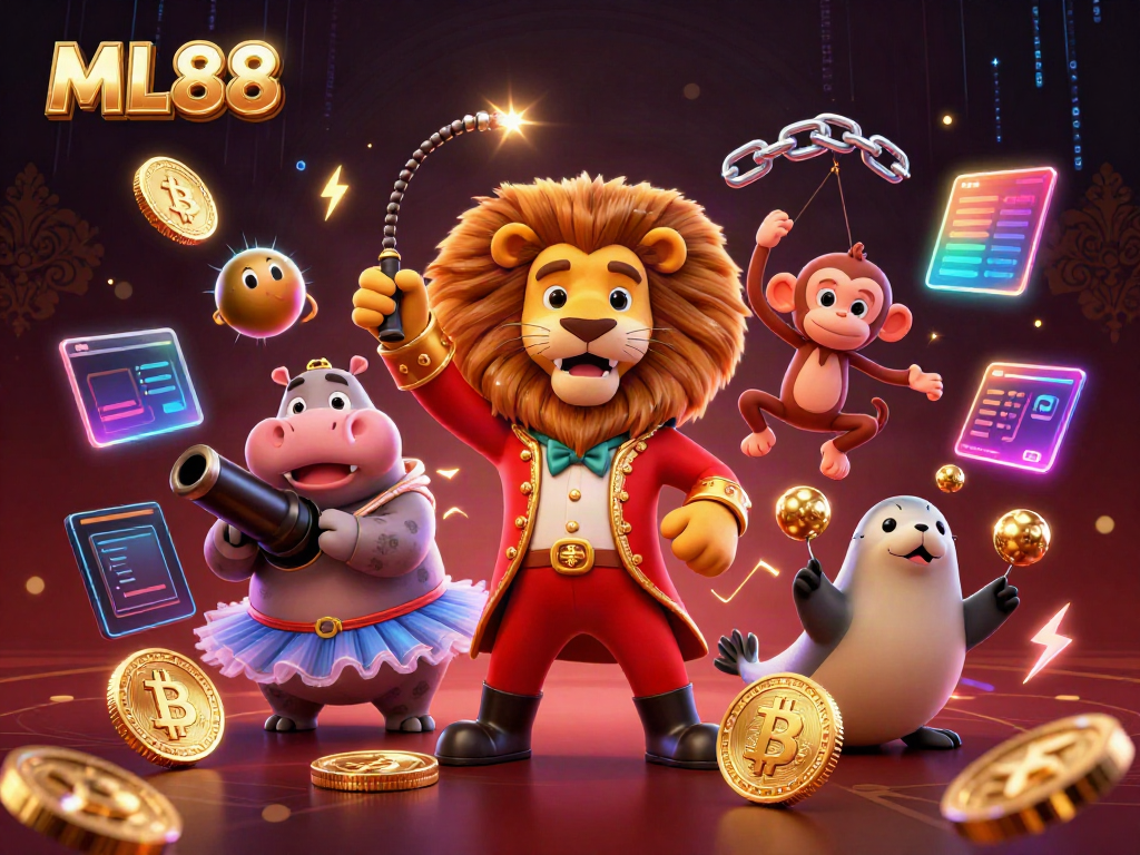 Engage with ML88's vibrant online casino world featuring 3D characters, crypto elements, and dynamic gaming visuals.