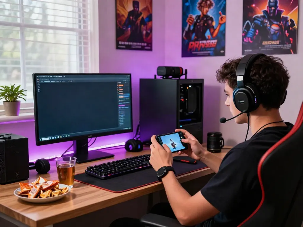 Person enjoying ORION88 mobile gaming in a vibrant, cozy nook with LED lights.