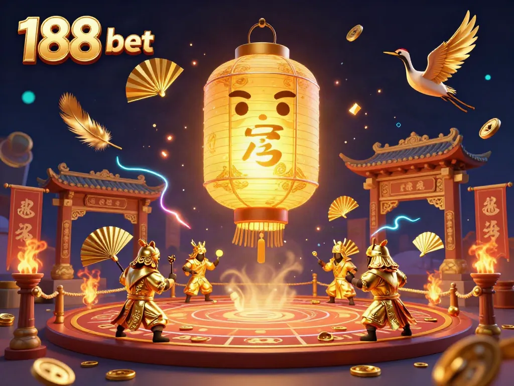 Experience thrilling moments with 188 bet amidst colorful lanterns and warriors in a vibrant online casino.