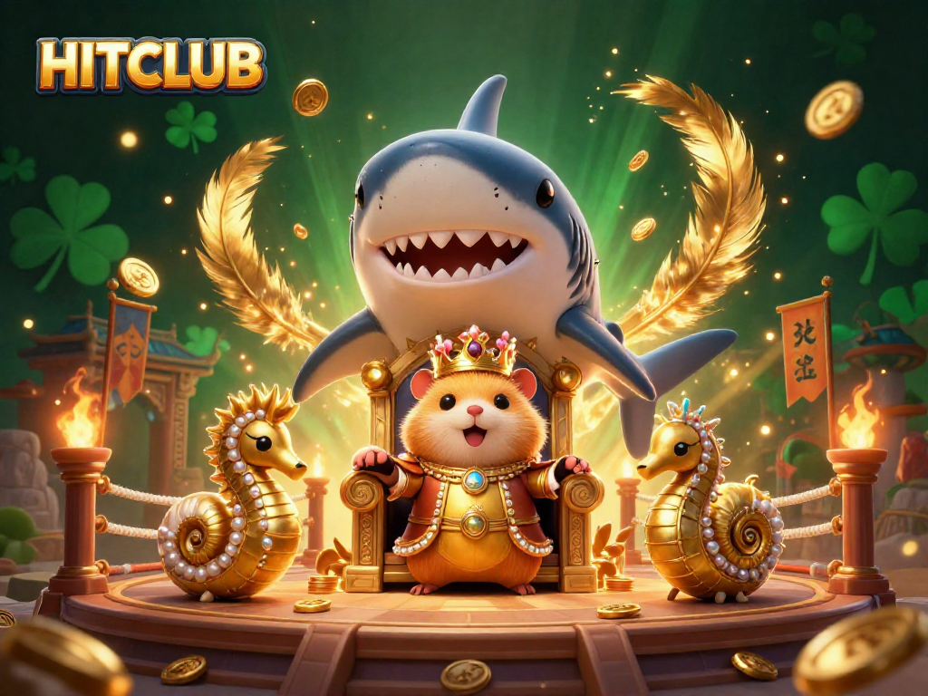 Engage with HITCLUB's vibrant gaming scene featuring a hamster king and royal guards amidst golden coins and ember particles.