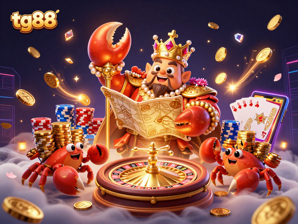 Spin and win with tg88's vibrant 3D casino illustration featuring a golden crab emperor and dynamic game elements.