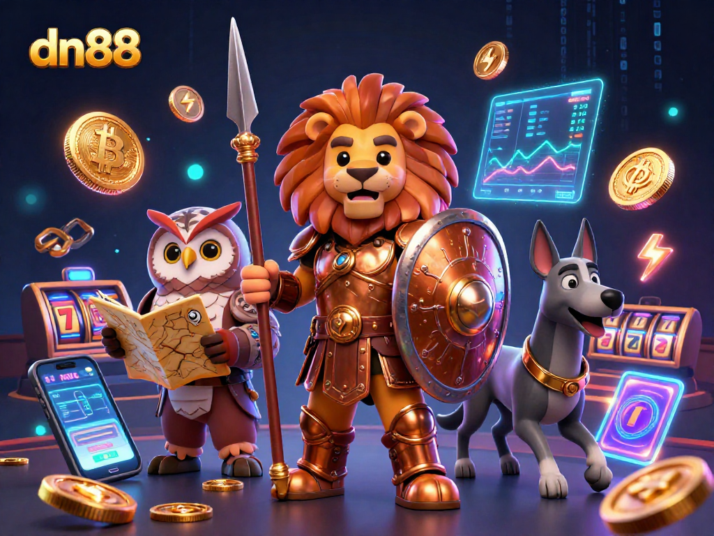 Experience the thrill of dn88 with a 3D Spartan lion, Bitcoin coins, and casino elements!