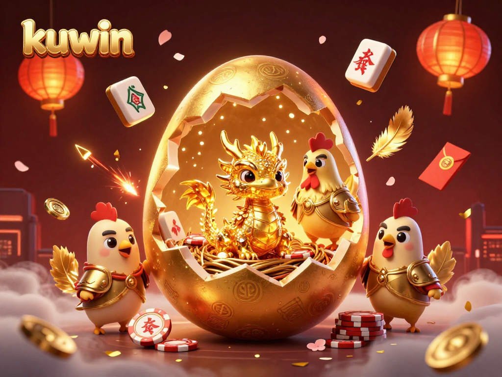 Win big at KUWIN with a baby golden dragon amidst poker chips and casino elements.