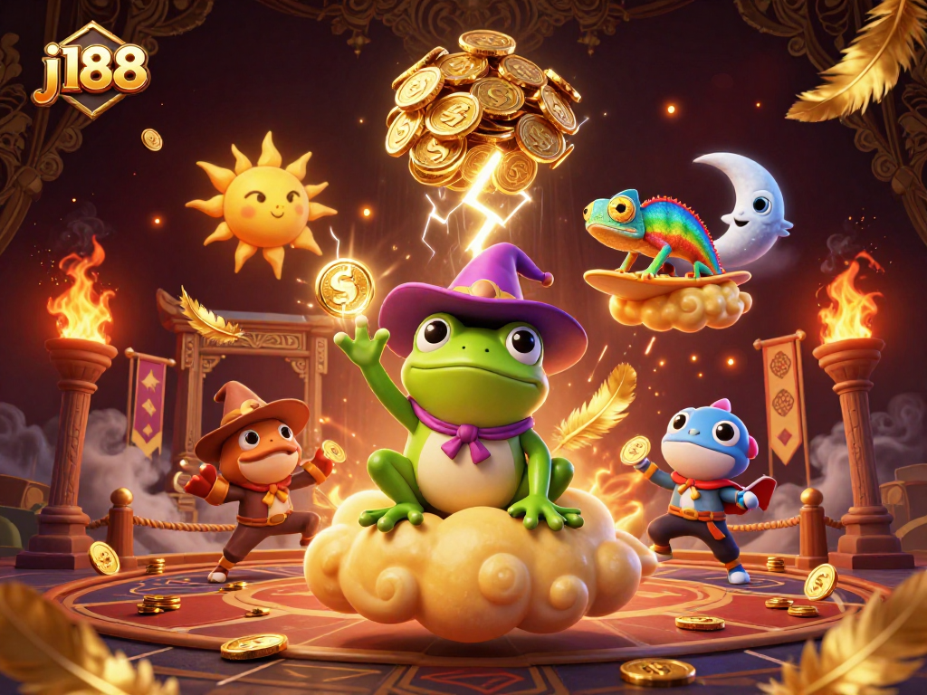 Join the j188 adventure as a wizard frog conjures golden coins in a vibrant casino scene.