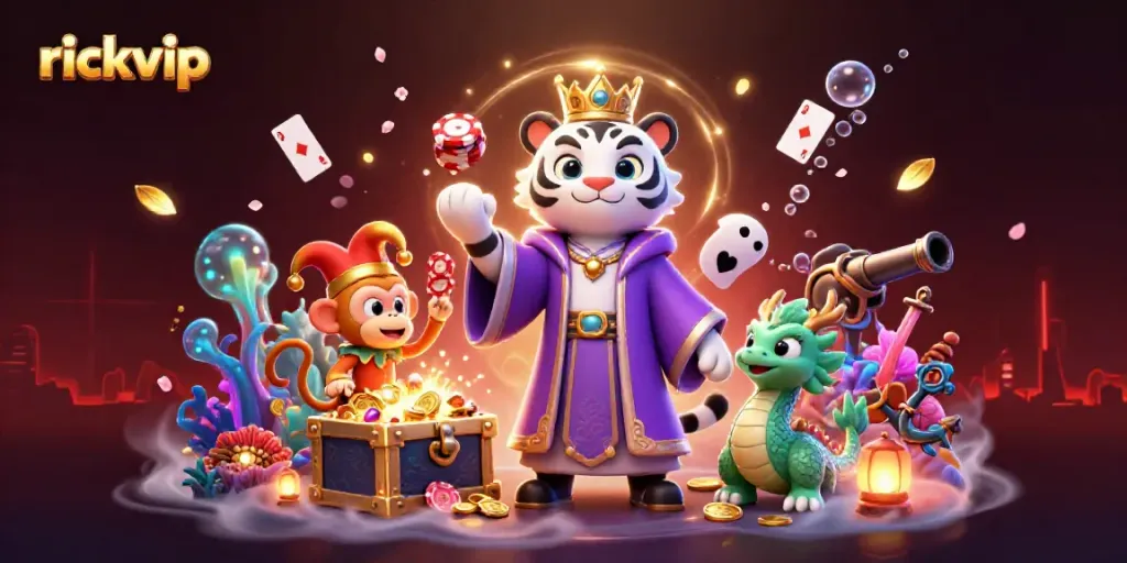 Experience rickvip's dynamic online casino atmosphere with a royal tiger and jester monkey amidst treasures and playing cards.