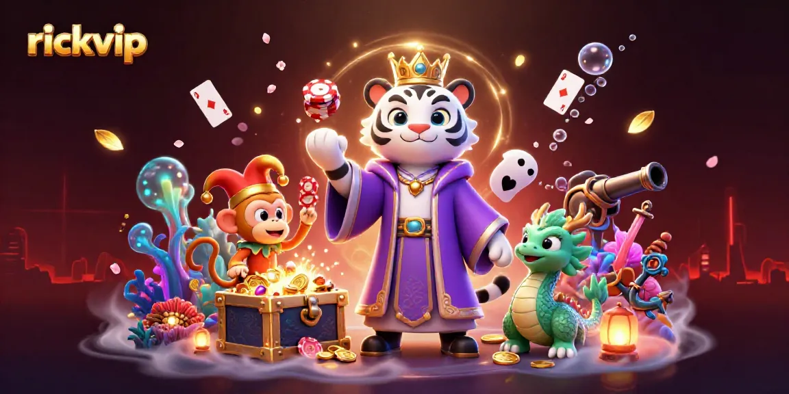Experience rickvip's dynamic online casino atmosphere with a royal tiger and jester monkey amidst treasures and playing cards.