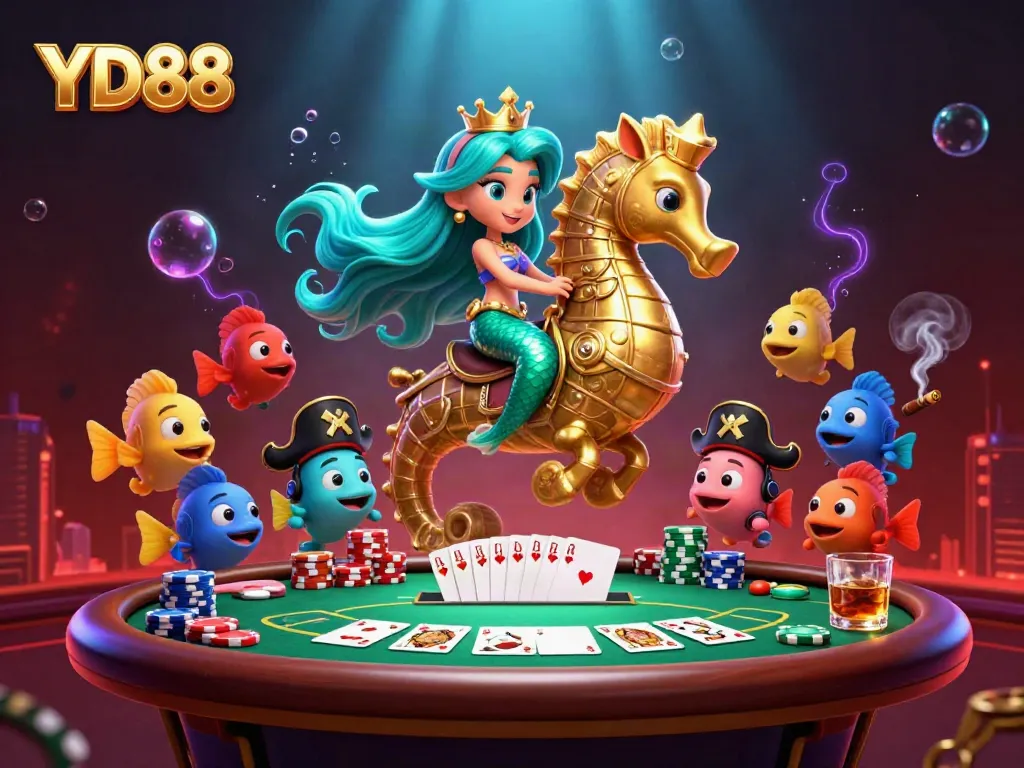 Engage with YD88's vibrant underwater casino scene featuring mermaids, poker elements, and treasure.