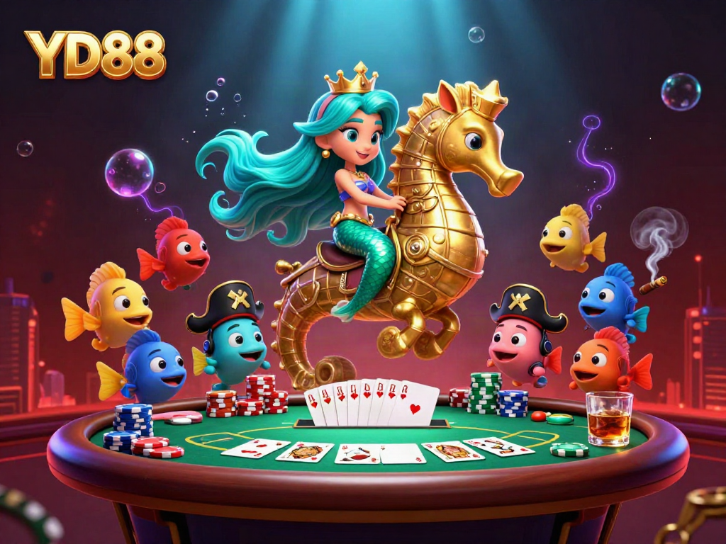 Engage with YD88's vibrant underwater casino scene featuring mermaids, poker elements, and treasure.
