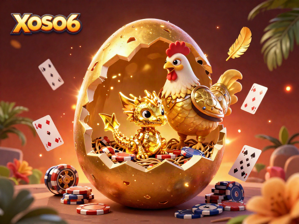 XOSO66 showcases a golden dragon with poker chips in a vibrant casino scene filled with games and riches.