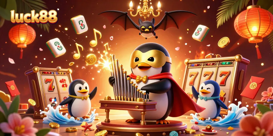 Engage with luck88's thrilling casino experience through golden coins, slot reels, and festive elements.