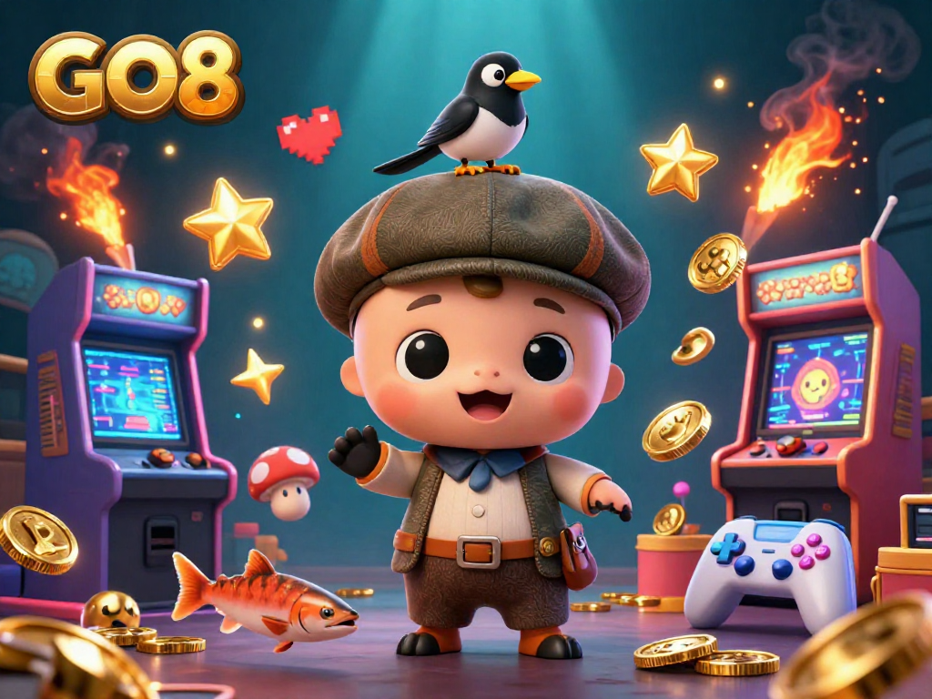 Experience excitement at GO8 with a charming scene featuring Nessie and friends amidst vibrant gaming elements.