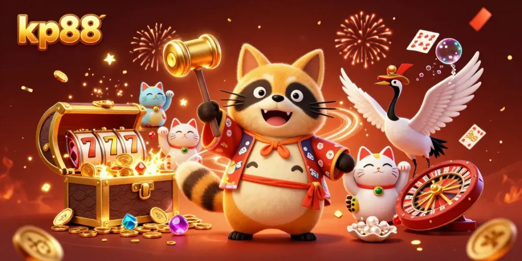 Engage with kp88's vibrant casino scene, showcasing a cheerful tanuki, lucky symbols, and treasures galore.