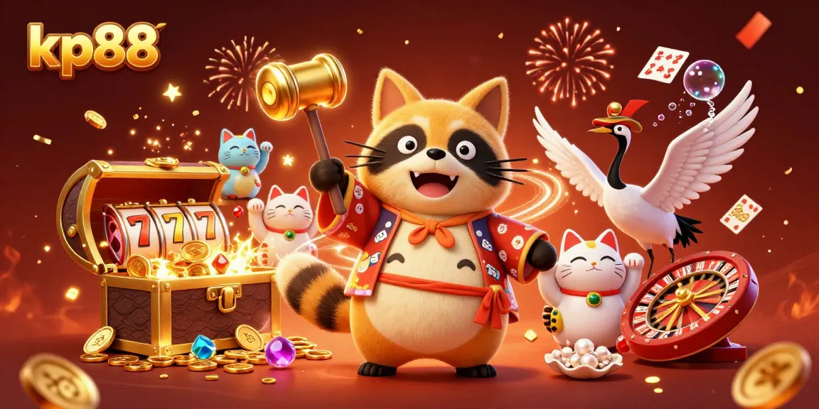 Engage with kp88's vibrant casino scene, showcasing a cheerful tanuki, lucky symbols, and treasures galore.