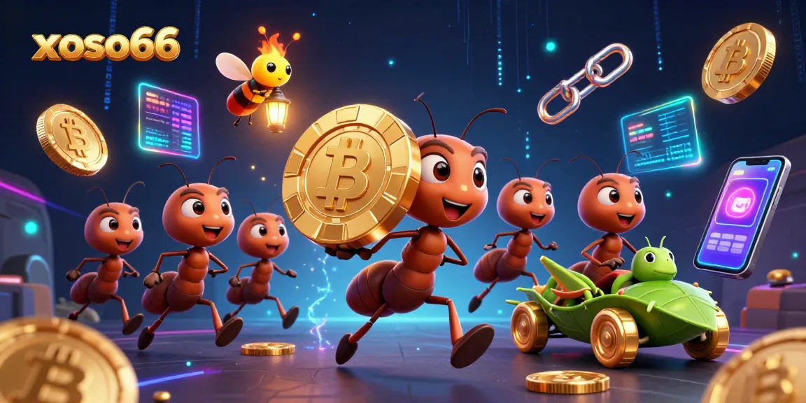Engage with xoso66 as ants execute a heist with a golden poker chip, amid vibrant crypto elements.