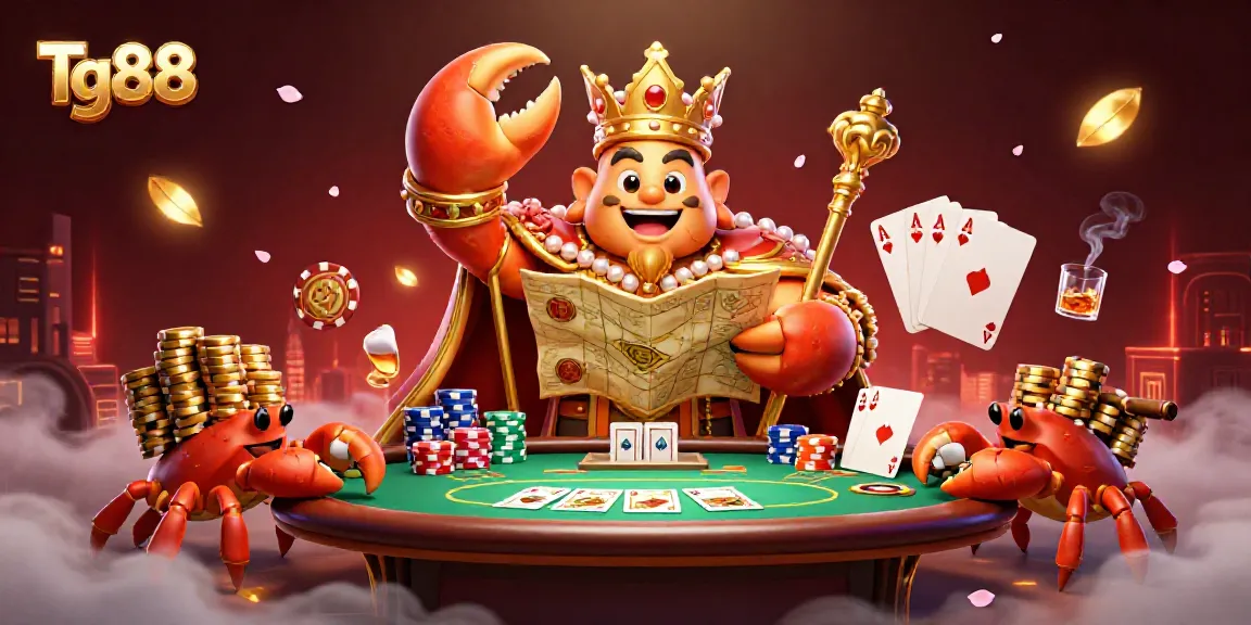 Tg88's golden crab emperor commands a lively casino scene with vibrant poker elements and cheerful ambiance.