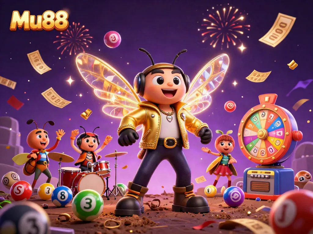 Experience the thrill of Mu88 with a vibrant 3D casino scene featuring a rock star cicada and dynamic gaming elements.