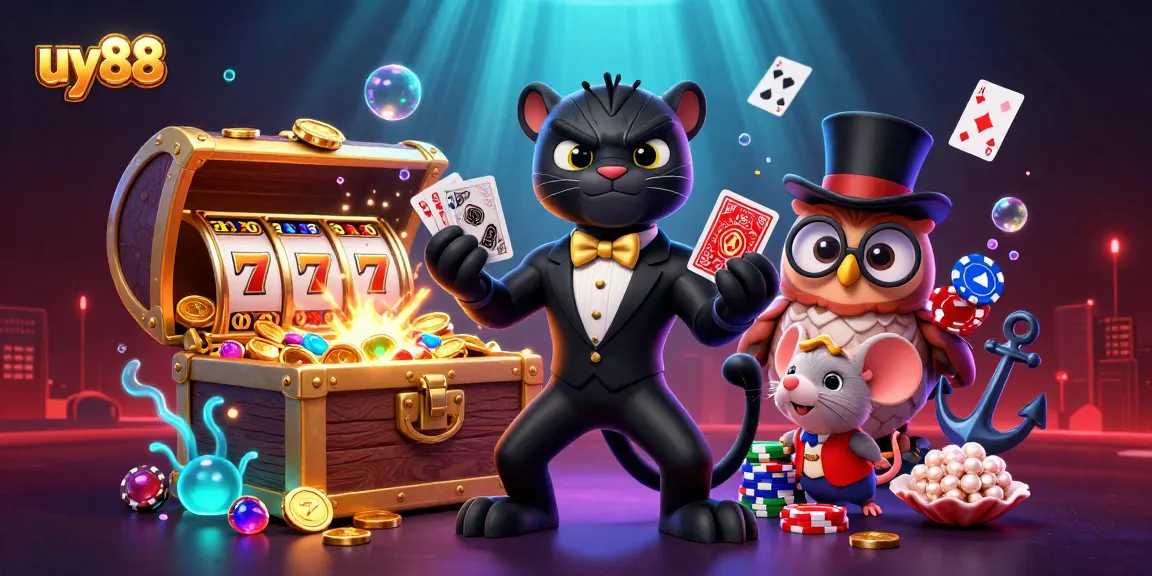 Experience excitement at uy88 casino with stylish panther dealer, lucky owl, and chip-stacking mouse.