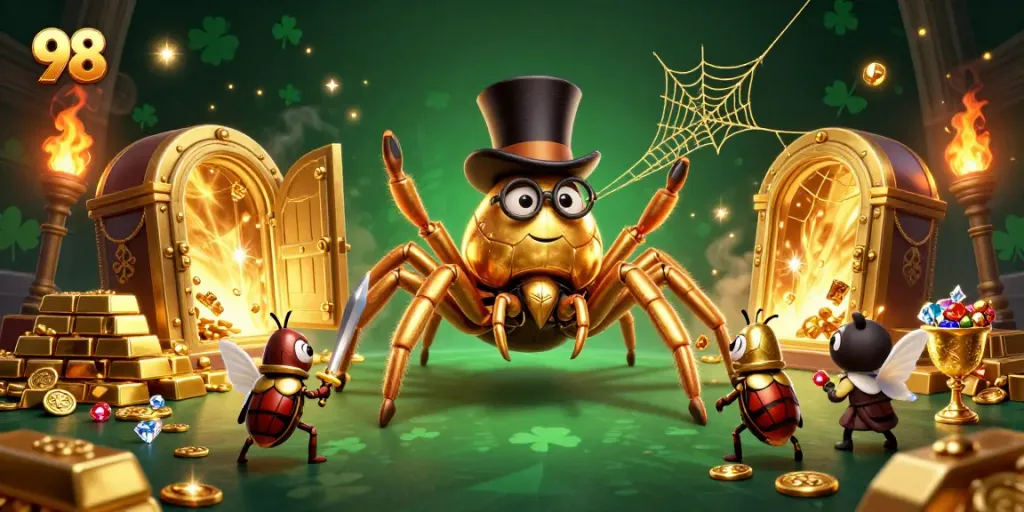 Experience the thrill of winning at 98 WIN with a golden tarantula and beetle knight amidst a vibrant casino.