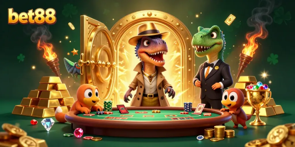 Experience thrilling gameplay at bet88 with clever dinosaurs and rich treasures captured in a stunning illustration.