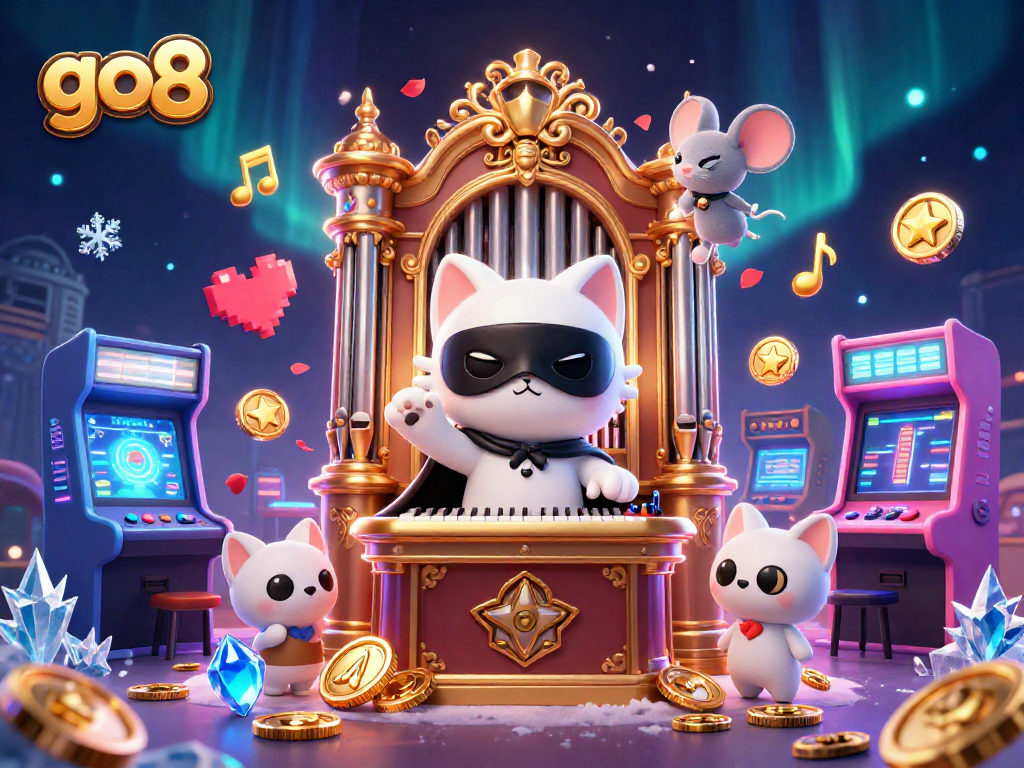 Engage with go8's thrilling environment showcasing dynamic 3D casino characters amid colorful arcade elements.