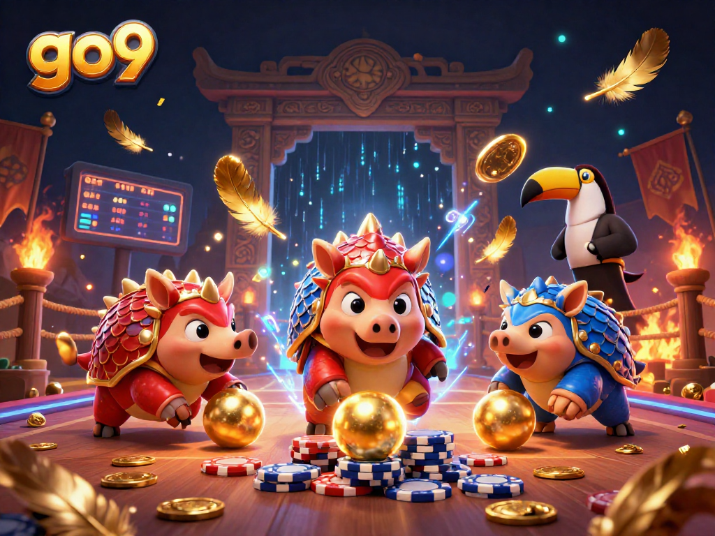 Go9 features rival pangolins rolling through poker chips in this thrilling 3D casino illustration.