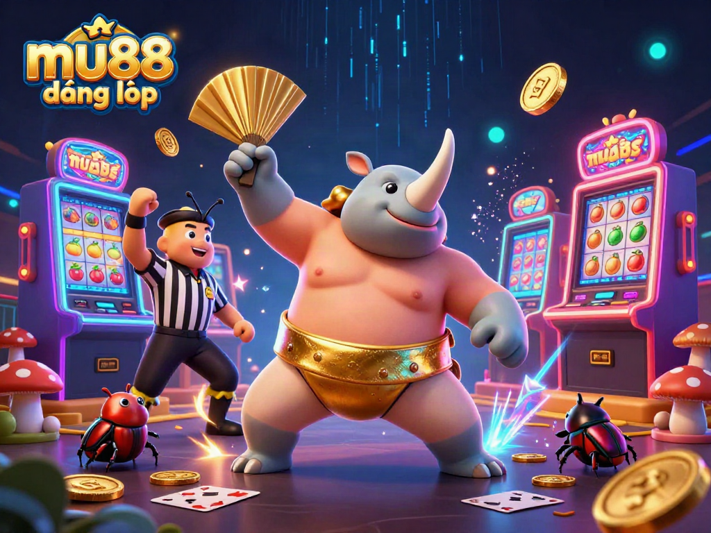 Engage in exciting gameplay with mu88 đăng nhập as a sumo beetle stomps coins into the air in this vibrant illustration.