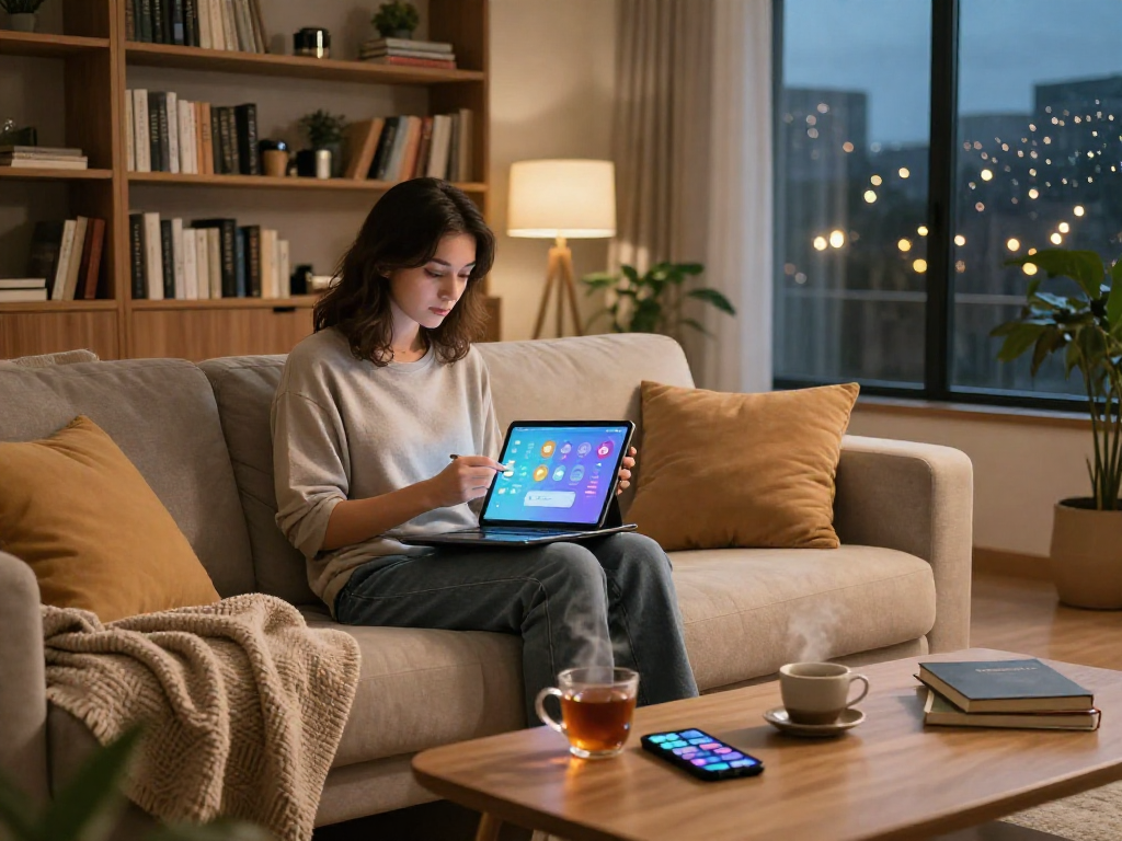 Engaging in porn ai chat on a modern tablet in a cozy living room environment.