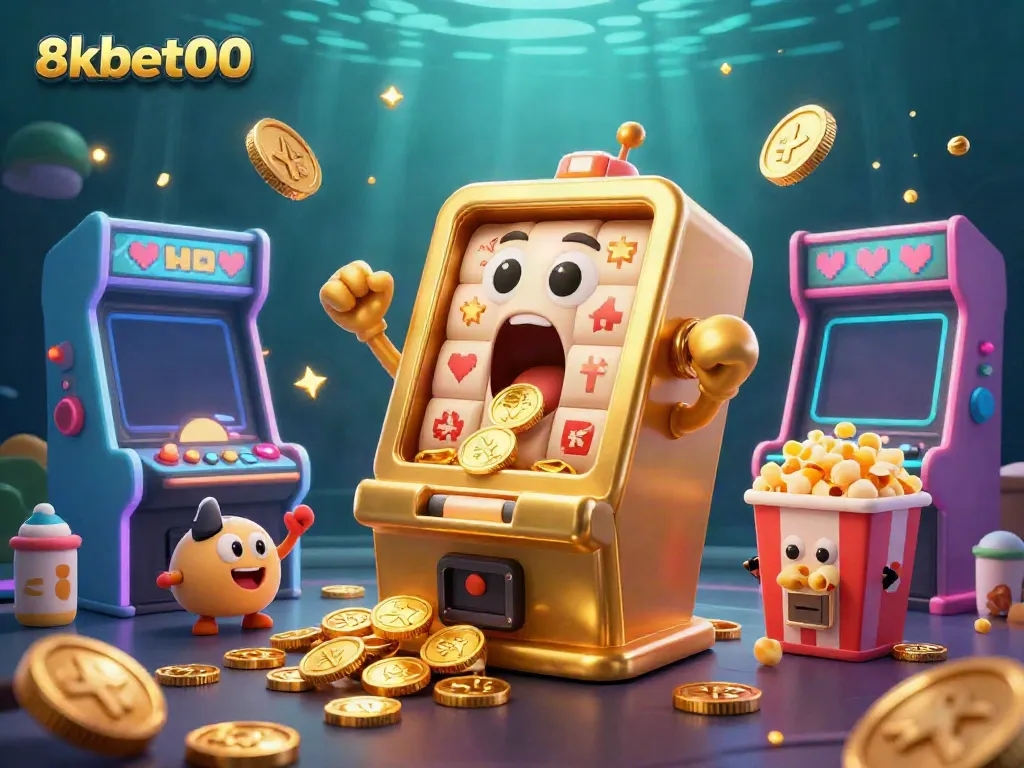 Experience the excitement of 8xbet00 as the golden slot machine hits the jackpot amidst colorful gaming elements.