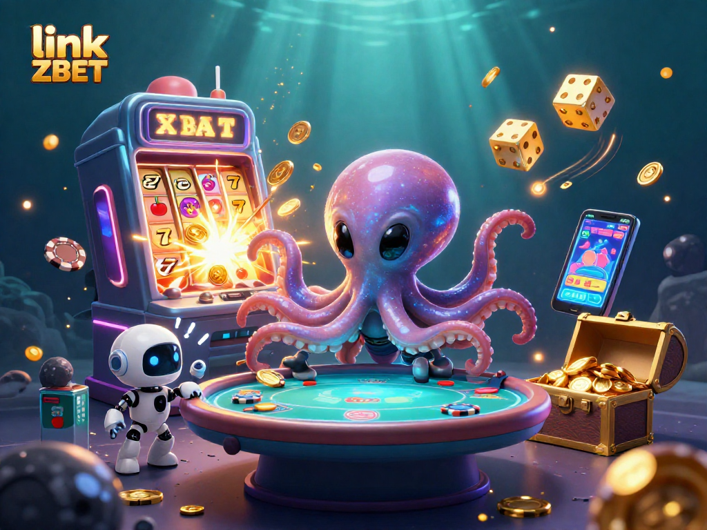 Experience excitement at link ZBET with an alien octopus running a poker game amidst casino chaos.