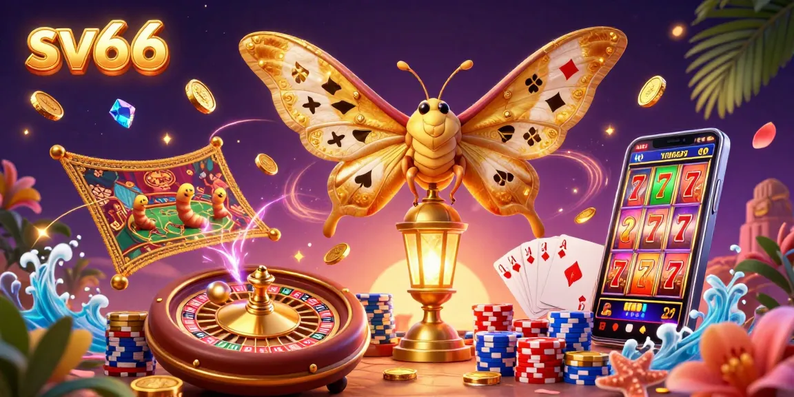 Engage in winning experiences with sv66, a vibrant 3D illustration of casino scenes featuring majestic moths and rich game elements.