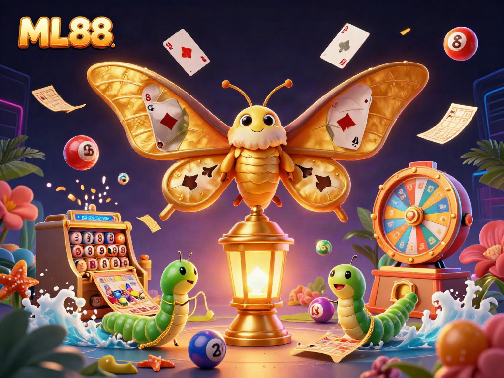 Engage in dynamic gaming experiences with ML88, a vibrant illustration featuring casino elements and a golden moth.