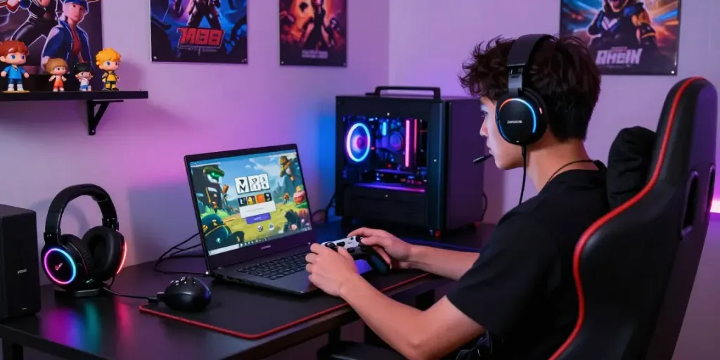 M88 Login alternatif gaming setup showing a gamer focused on laptop, enhancing excitement for online gaming.