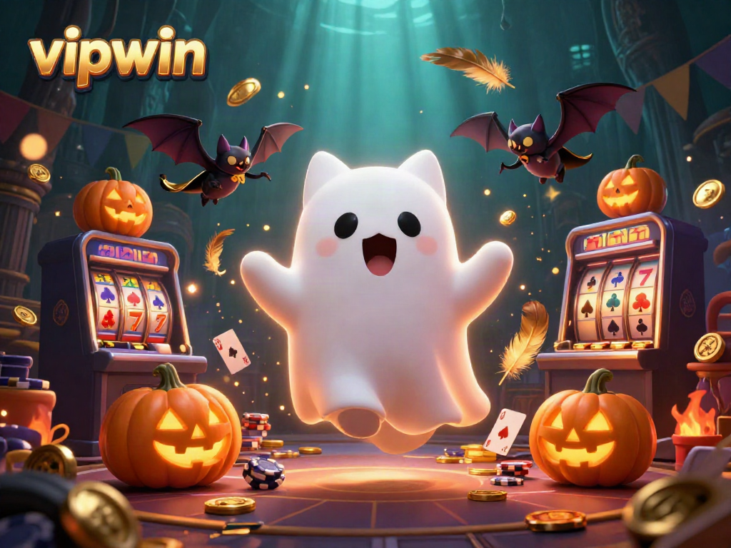 Experience thrilling gaming with vipwin as a ghost cat floats through a haunted casino, surrounded by golden coins and slot elements.