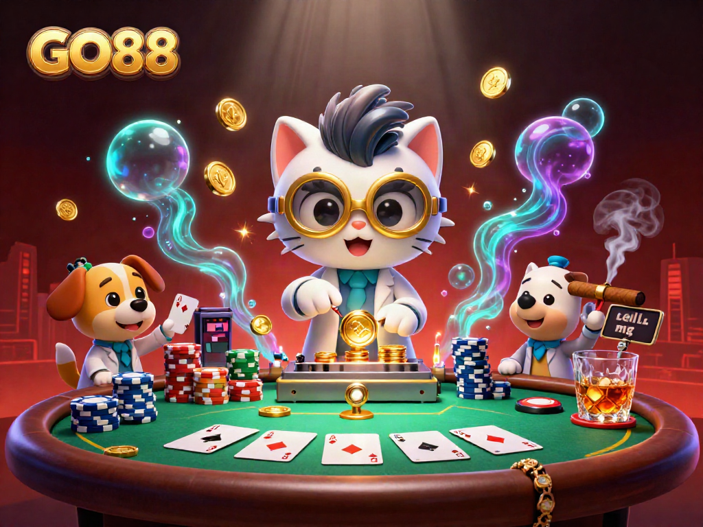 GO88 casino action scene with a mad scientist cat and lab assistant dog working amidst poker tables and vibrant game elements.