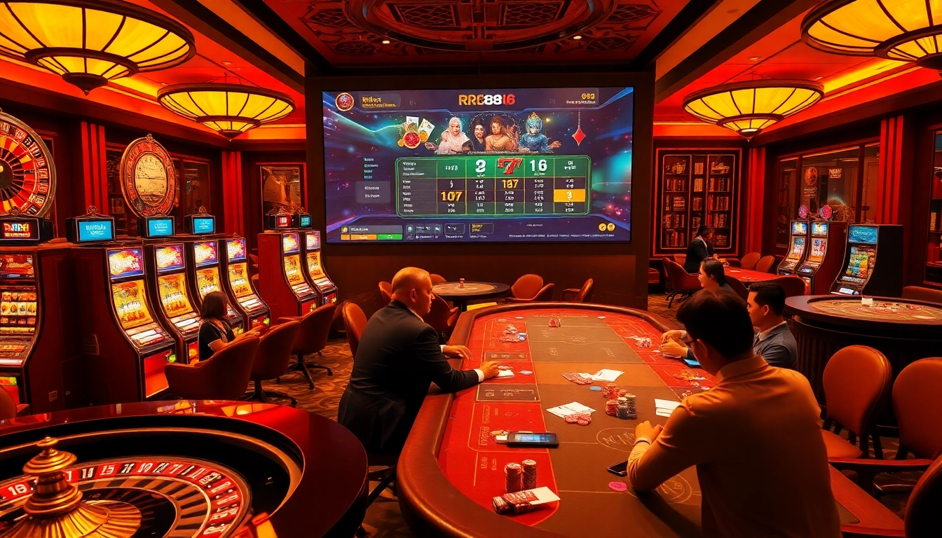 Experience the excitement of Nhà Cái RR88 with luxurious casino visuals featuring vibrant slot machines and roulette wheels.