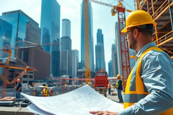 New York Construction Manager overseeing bustling construction site and workers.