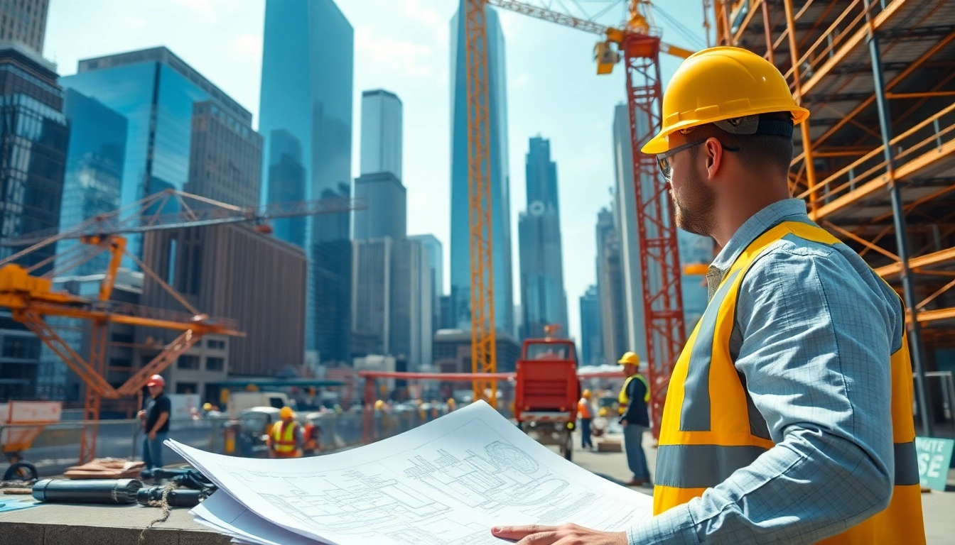 New York Construction Manager overseeing bustling construction site and workers.