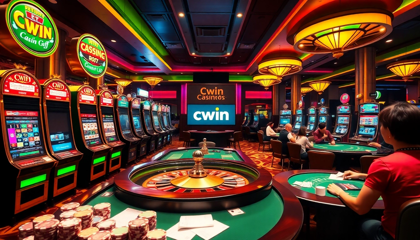 Cwin com đăng nhập from an exciting casino scene with vibrant slot machines and players.