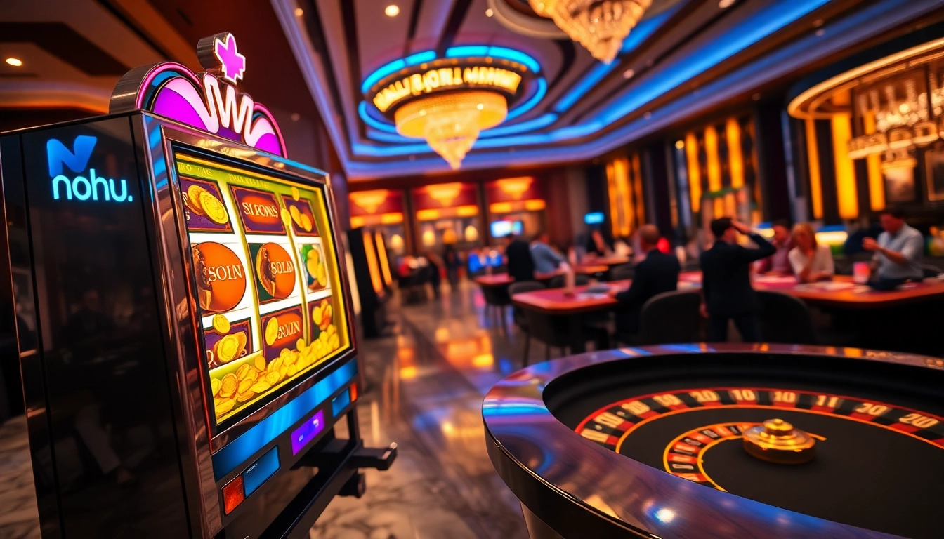 Nohu90 slot machine captures the thrill of gambling with cascading gold coins and excited players.