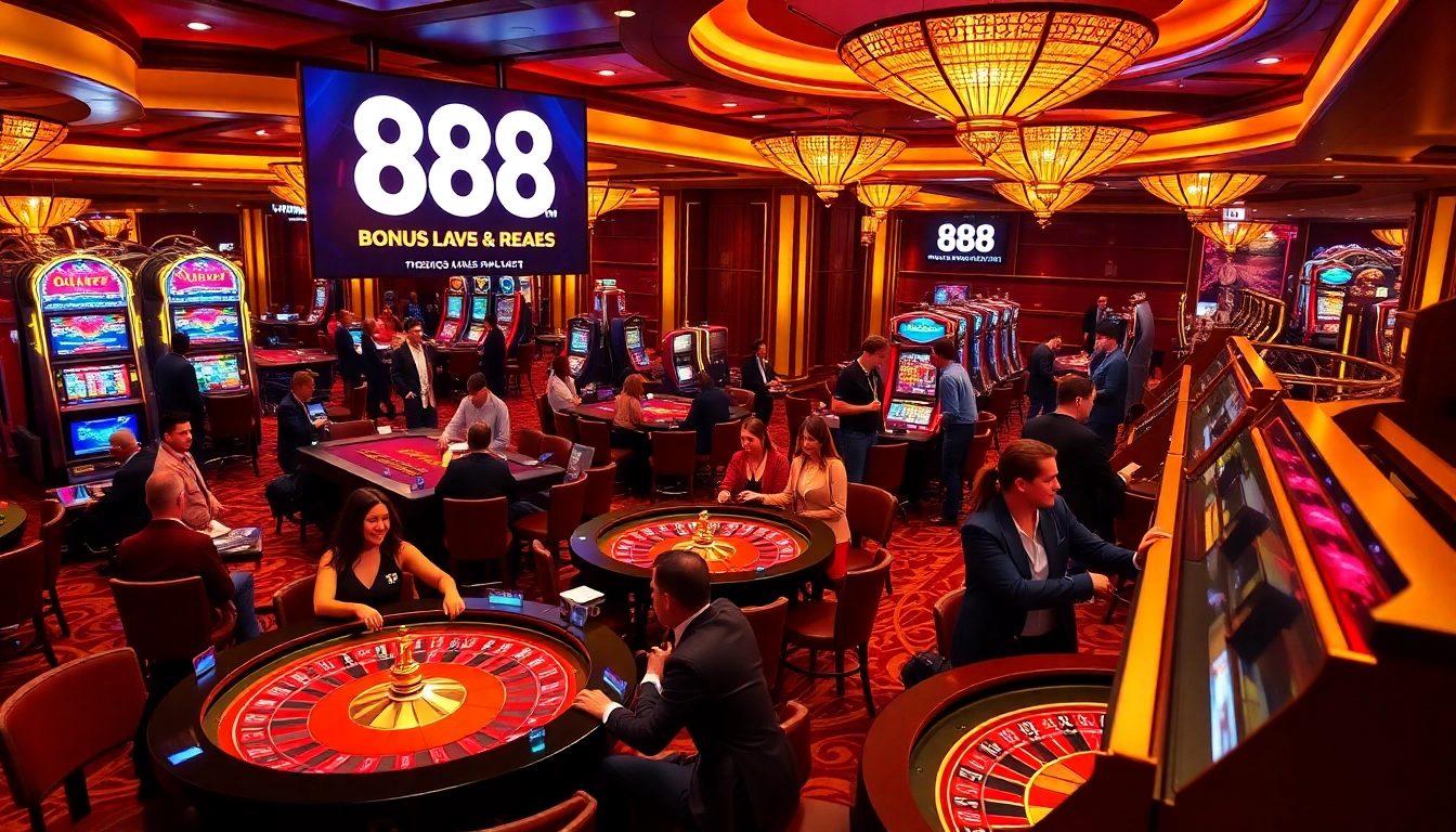 A thrilling casino scene with vibrant games highlighting 888b km promotions and exciting gameplay.
