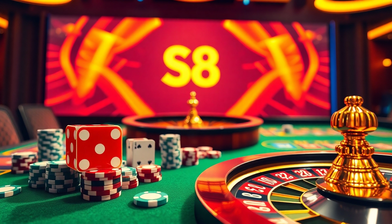 Intense gambling action at S8 casino with vibrant chips and a roulette wheel.