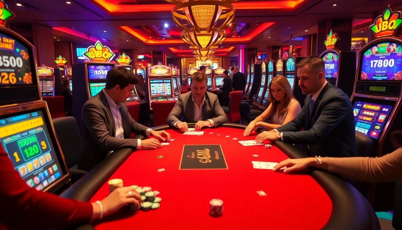 Experience the excitement of gambling at a vibrant JBO casino table filled with poker chips and cards.