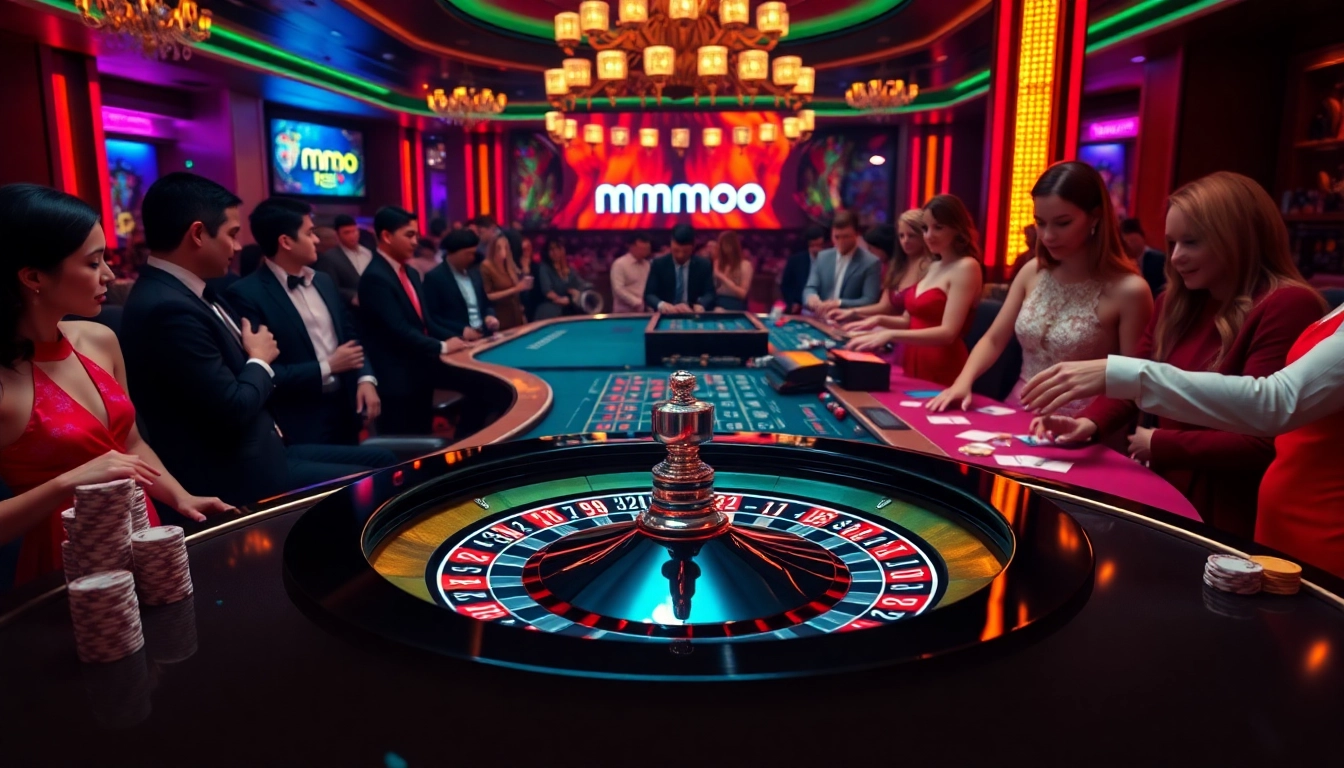 Players engage with mmoo at a luxurious casino table, excitement in the air.