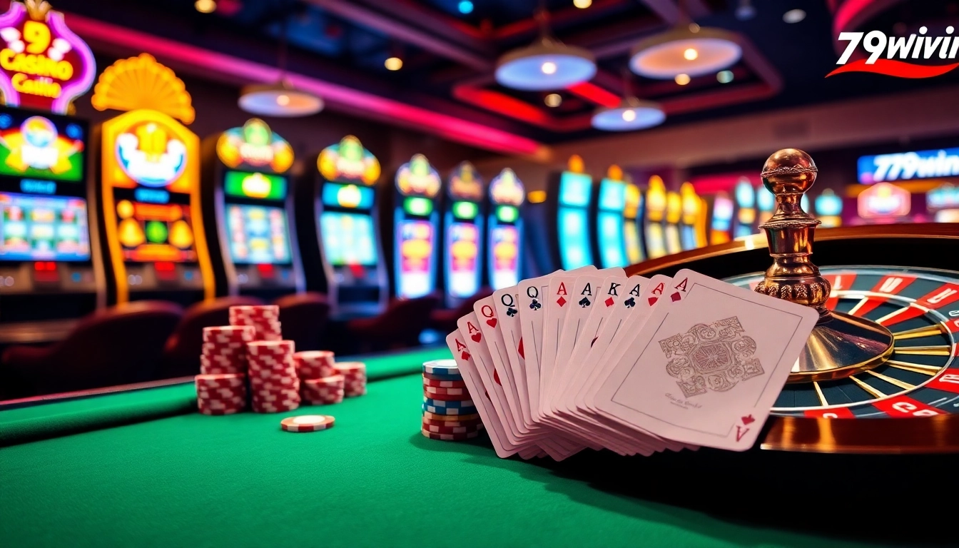 79win poker action with premium chips and cards in a vibrant casino setting.