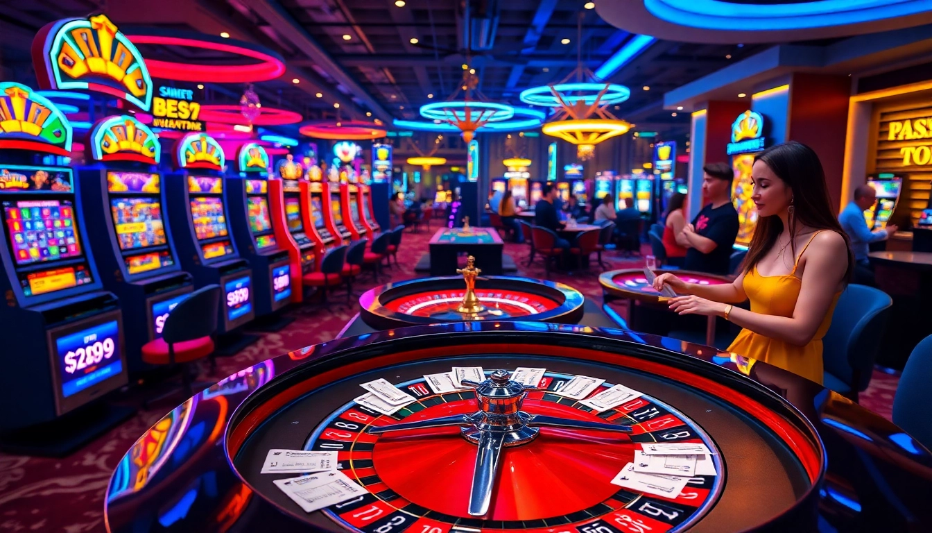 Players enjoying thrilling casino games at Go99, featuring vibrant slot machines and a roulette wheel.