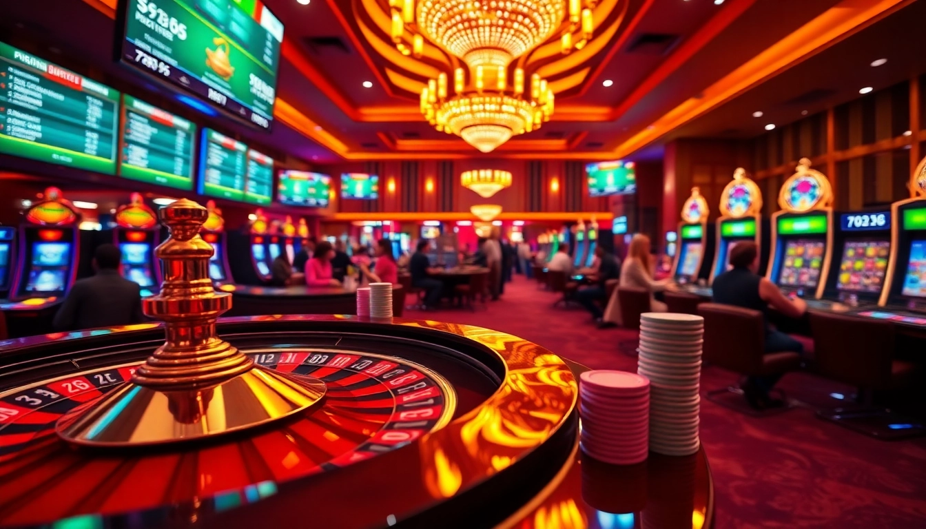 Exciting scene of online gambling with 789P showcasing roulette, poker chips, and vibrant slot machines.