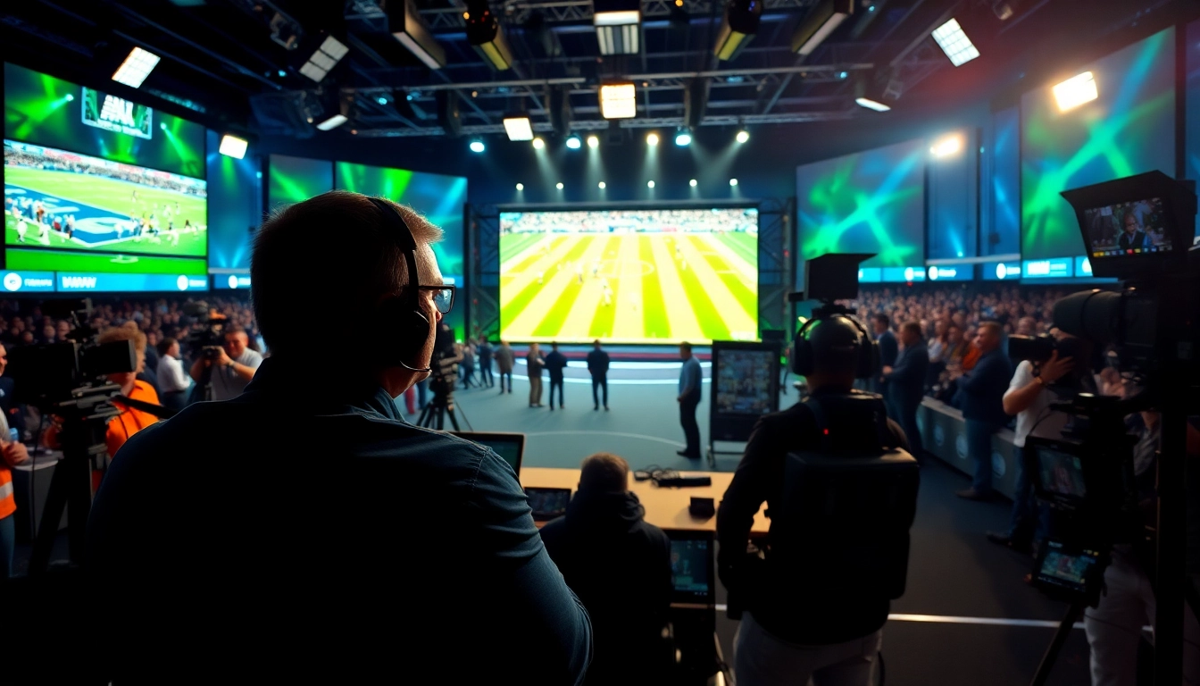 Dynamic sports broadcasting scene with commentator and live game footage.